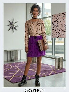 100% Silk Gryphon New York dress Orion star purple tan pockets tie long sleeve S